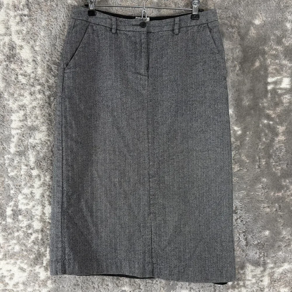LL Bean‎ Petite Size 8P Classic Fit Casual Pencil Midi Skirt Black White Button